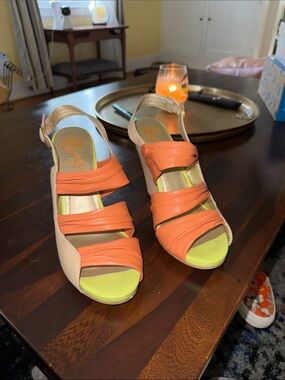 Seychelles Orange Strappy Slingback Heels with Lime Footbed